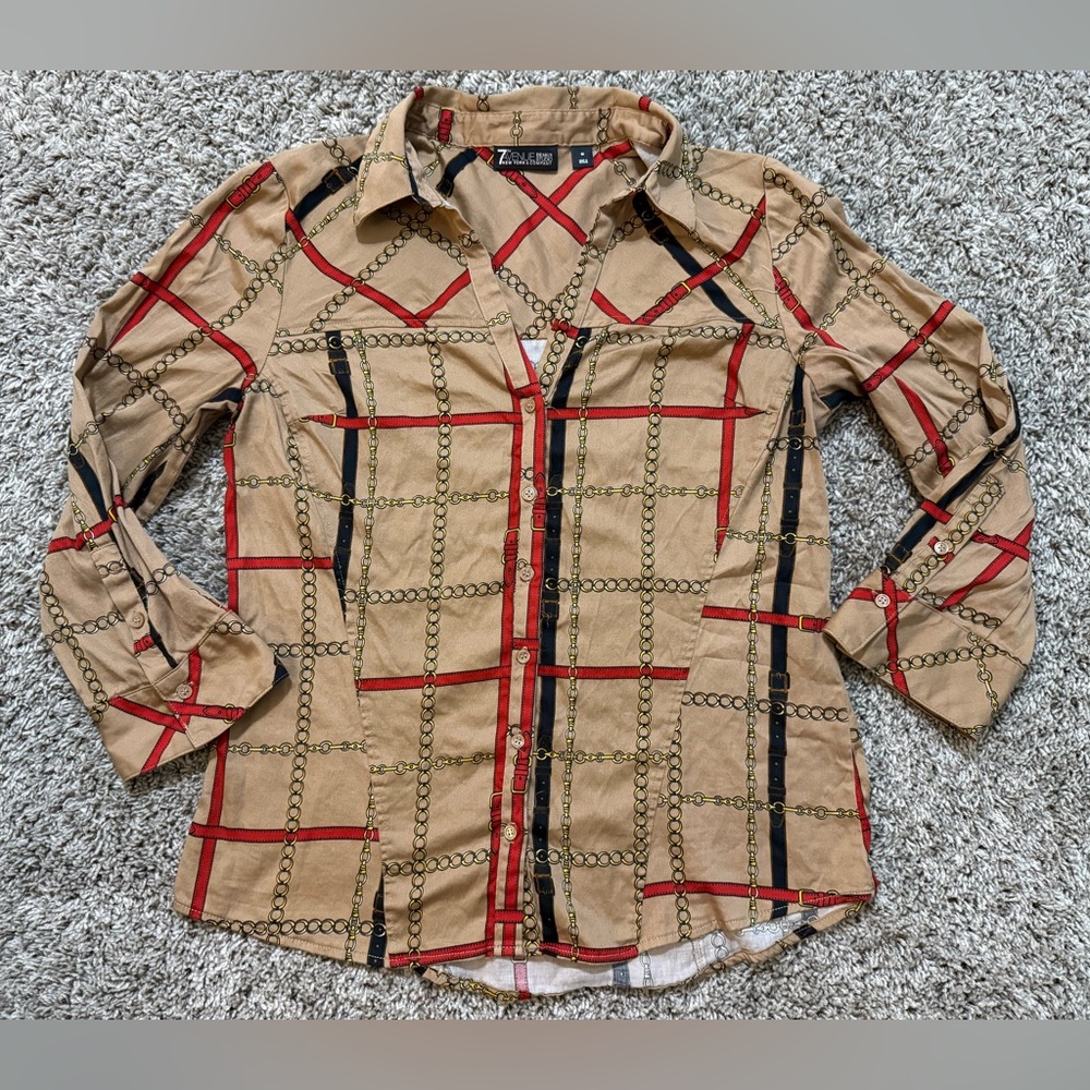 7th Avenue New York & Company Beige Chain Print Shirt Medium